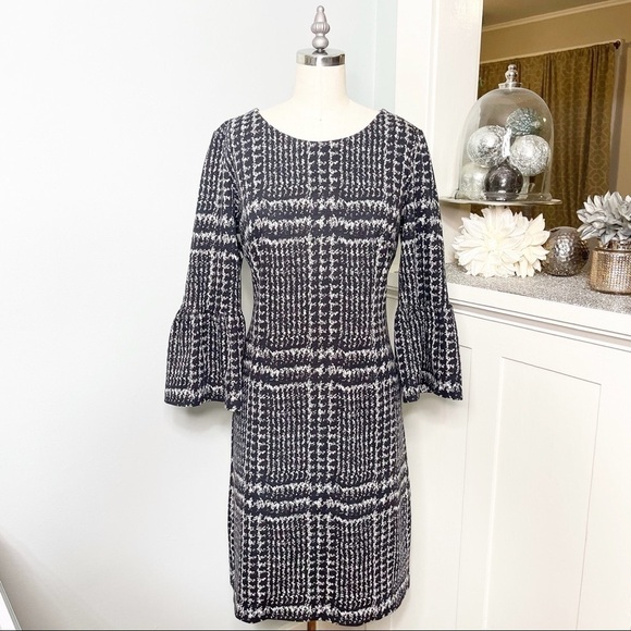 Talbots Glen Plaid Print Bell Sleeve Sheath Dress Gray Black 6 - Picture 6 of 13